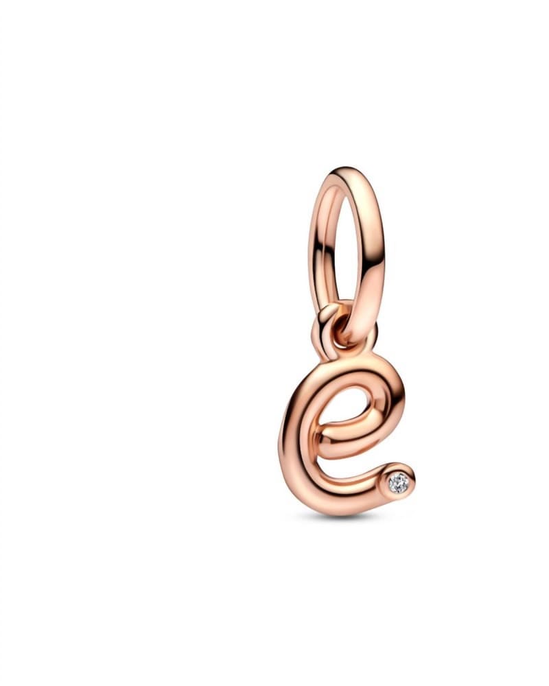 Front of a size O/S Letter E Script Alphabet Dangle Charm in Rose Gold in Rose Gold by Pandora. | dia_product_style_image_id:329392